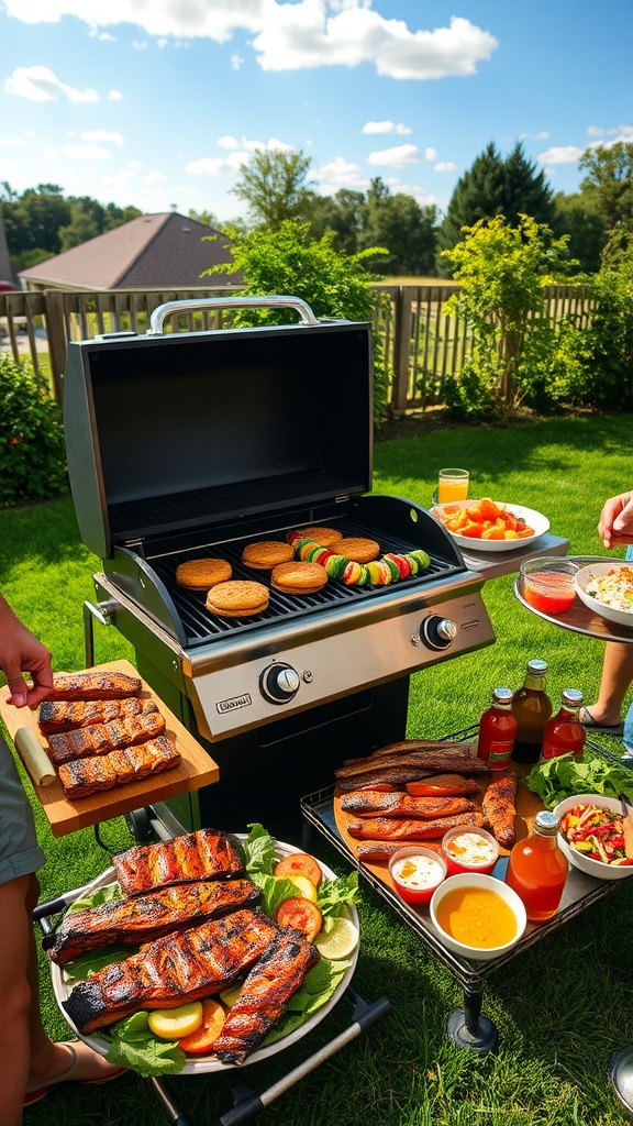 Backyard barbecue with grilled burgers, vegetable skewers, and fresh salads, set in a sunny outdoor setting.